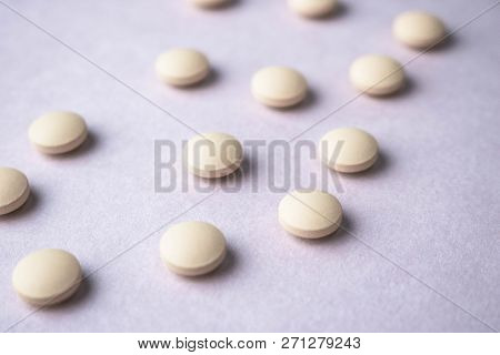 Little Beautiful Medical Pharmaceptic Round Pills, Vitamins, Drugs, Antibiotics On A Black And White