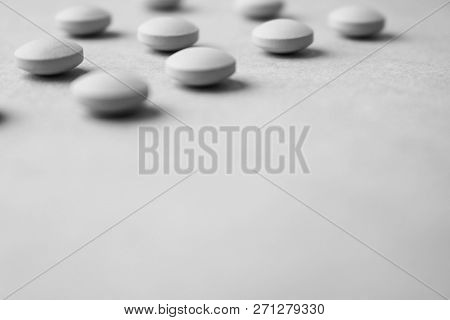Little Beautiful Medical Pharmaceptic Round Pills, Vitamins, Drugs, Antibiotics On A Black And White