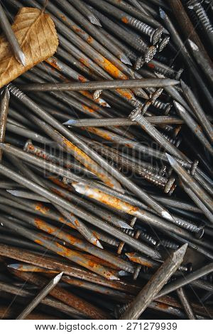 Many Rusted Nail,group Of Iron Rust,metal Surface Becomes Brown From Deterioration.