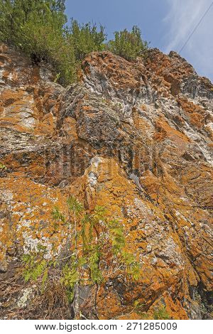 Looking Up At Dramatic Orange Cliffs On Ottertrack Lake In Quetico Provincial Park In Ontario