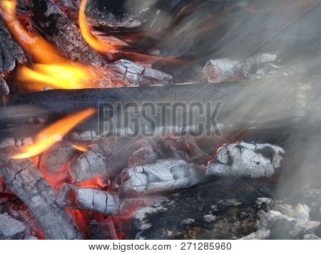 Flames Crawl Up The Side Of A Piece Of Firewood In An Open Campfire. Teers