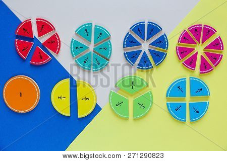 Colorful Math Fractions On The Bright Backgrounds. Interesting Math For Kids. Education, Back To Sch