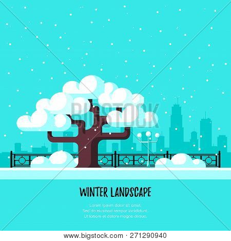 Winter Park In The City. Tree Covered By Snow, Streetlight And Fence. Flat Style Illustration.