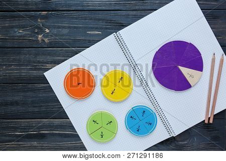 Colorful Math Fractions On The Bright Backgrounds. Interesting Math For Kids. Education, Back To Sch
