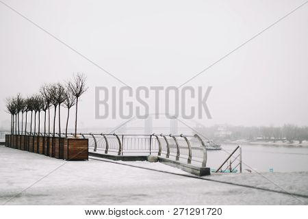 Kyiv, Ukraine - November 23, 2018: River Station On The Dnipro River In Kyiv On The Poshtova Square.