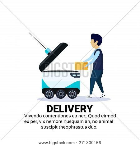 Boy Loading Box Robot Self Drive Fast Delivery Goods In City Car Robotic Carry Concept Isolated Copy