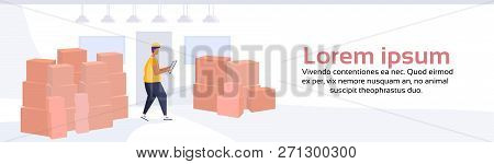 Man Loader Checklist Parcel Box Warehouse Interior Background Delivery Concept Flat Horizontal Banne