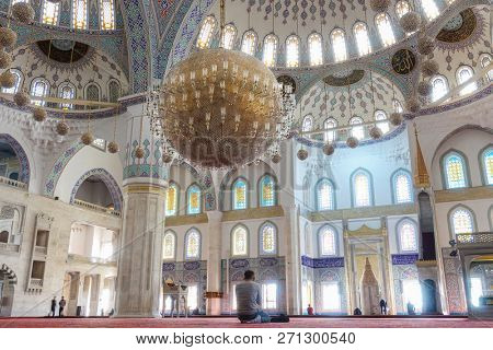 Ankara / Turkey - OCTOBER 20 2018: Kocatepe Mosque interior details. The Mosque is the biggest one in Ankara and a tourist magnet with its architectural details.