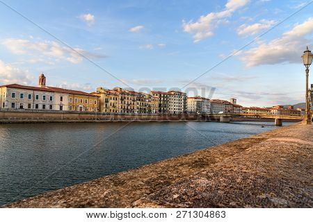 View On Embankment Of Arno River And Solferino Bridge In Pisa, Italy