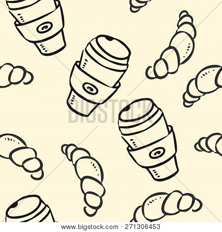 Coffee Cup And Croissant Doodles On Pastel Background Seamless Pattern