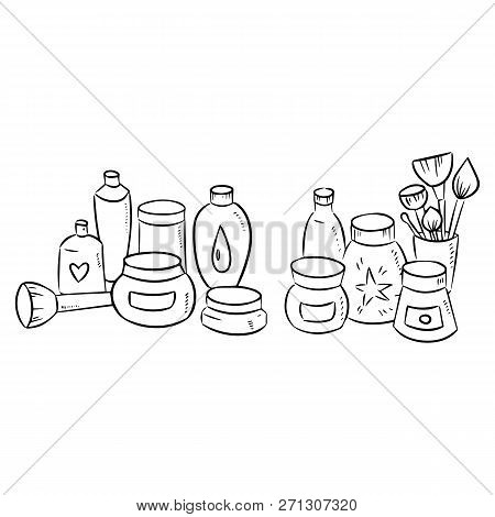 Hand Drawn Set Of Cosmetic Bottle Silhouette On White Background
