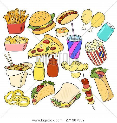 Set Of Fast Food Hand Drawn Stickers Doodles
