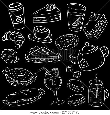 Set Of Hand Drawn Food And Snack On Chalkboard Background