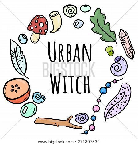 Urban Witch Lettering With Colorful Doodles In Circle Ornament