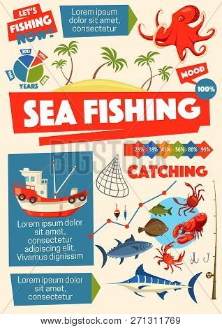 Fishing Sport, Sea Fish And Fishers Ship. Octopus And Perch, Pipefish And Crab, Lobster And Flounder