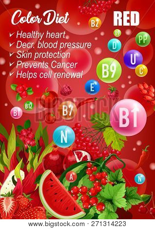 Detox Color Diet Poster, Red Fruits And Vegetables Or Berry Day. Vector Vatermelon And Tomato, Chili