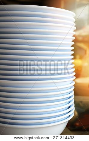 empty bowl stack / plastic white bowl soup or food in restaurant street food