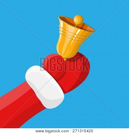 Gold Bell In Hand Of Santa Claus. Retro Christmas Handlebell. Happy New Year Decoration. Merry Chris