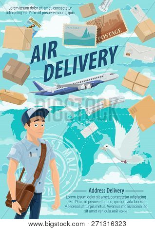 Post Mail Air Delivery, Postage Logistics. Vector Postman Or Mailman Delivering Letters, Envelopes A