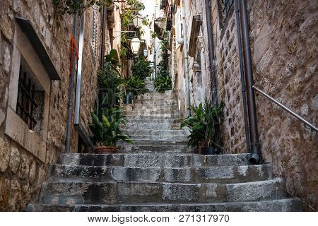 Narrow Medieval Alley With Stairs Upin Dubrovnik In Winter, Croatia