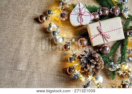 Top View Decorate Ornament For Christmas Background With Girland Light And Small Christmas Ball  Gre