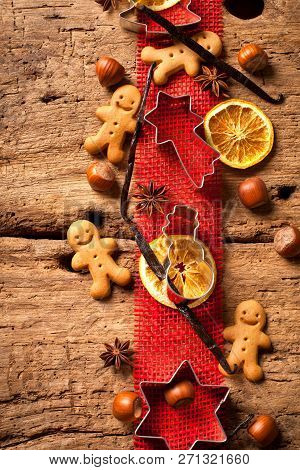 Christmas Wooden Background With Christmas Nuts Sortiment.