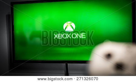 Debrecen, Hungary, Marc 11. 2018 View From The Top On Xbox One S Gamepad, Game Console, Kid Holding 
