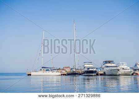 Yachts Parking In Harbor At Sunset, Harbor Yacht Club