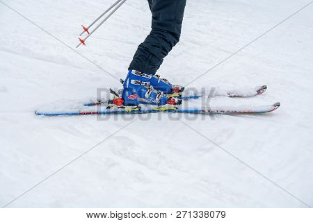 Divcibare, Serbia - March 6, 2017: Nordica Gts Brand Ski On Snow Covered With Snow In Divcibare, Ser