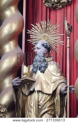 BRONNBACH, GERMANY - JULY 07, 2018: Saint Benedict statue on the main altar in Cistercian Abbey of Bronbach in Reicholzheim near Wertheim, Germany
