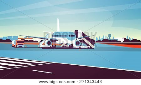 Airport Terminal Aircraft Flying Plane Taking Off Waiting To Board Passengers Cityscape Background F