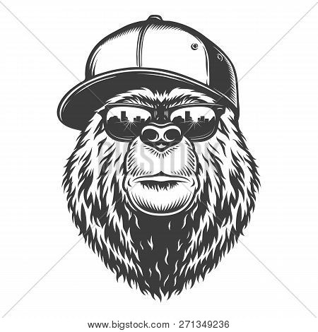 Vintage Monochrome Stylish Bear Head In Baseball Cap And Sunglasses Isolated Vector Illustration