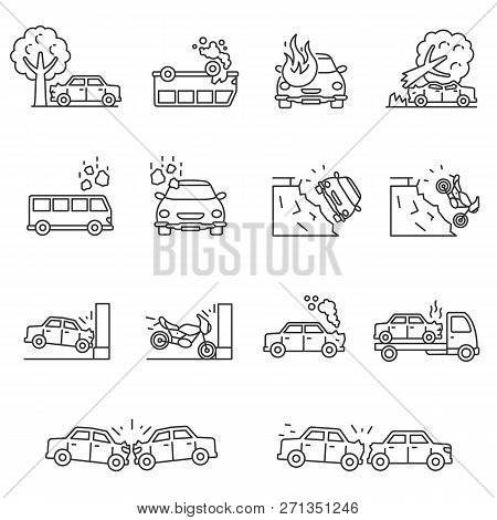 Car Crashes, Icon Set. Transportation Accidents, Linear Icons. Line With Editable Stroke. Collision 