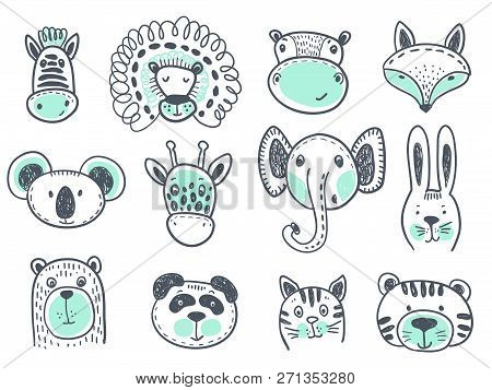 Vector Collection Of Cute Animal Heads For Baby And Children Design.