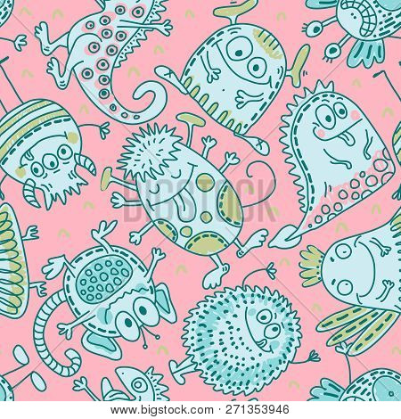Colorful Vector Seamless Pattern With Funny Monsters