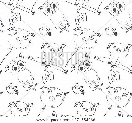 Vector Seamless Pattern With Cute Piglets. Hand Drawn Endless Background