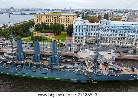 Pererburg, Russia - May 29, 2018: Cruiser Aurora In The River Neu, The City Of St.petersburg. Open T