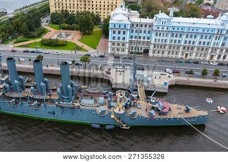Pererburg, Russia - May 29, 2018: Cruiser Aurora In The River Neu, The City Of St.petersburg. Open T