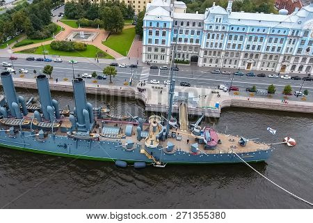 Pererburg, Russia - May 29, 2018: Cruiser Aurora In The River Neu, The City Of St.petersburg. Open T