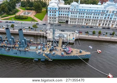Pererburg, Russia - May 29, 2018: Cruiser Aurora In The River Neu, The City Of St.petersburg. Open T