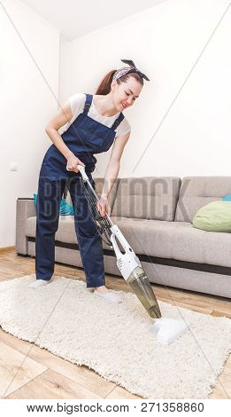 Cleaning Service With Professional Equipment During Work. Professiona Carpet Dry Cleaning, Sofa Dry 