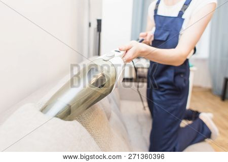 Cleaning Service With Professional Equipment During Work. Professiona Carpet Dry Cleaning, Sofa Dry 