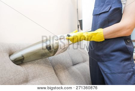 Cleaning Service With Professional Equipment During Work. Professiona Carpet Dry Cleaning, Sofa Dry 