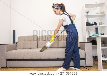 Cleaning Service With Professional Equipment During Work. Professiona Carpet Dry Cleaning, Sofa Dry 