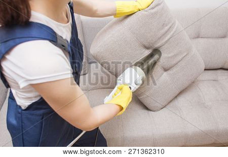 Cleaning Service With Professional Equipment During Work. Professiona Carpet Dry Cleaning, Sofa Dry 