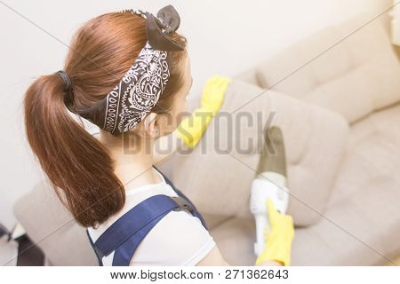 Cleaning Service With Professional Equipment During Work. Professiona Carpet Dry Cleaning, Sofa Dry 