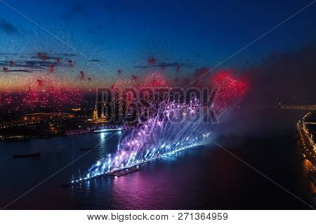 Salute Scarlet Sails. The Festive Salute Is Grandiose. Fireworks Pyrotechnics.