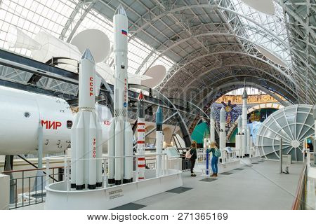Moscow, Russia - November 28, 2018: Interior of the Space pavilion at VDNH. Proton rocket family is a family of space-launch vehicles