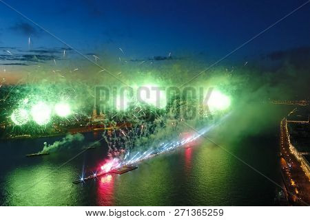 Salute Scarlet Sails. The Festive Salute Is Grandiose. Fireworks Pyrotechnics.