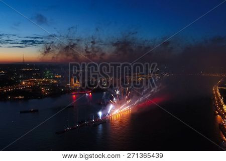 Salute Scarlet Sails. The Festive Salute Is Grandiose. Fireworks Pyrotechnics.